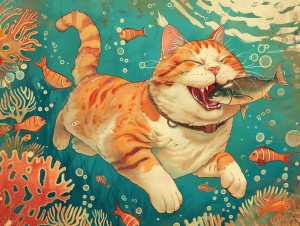 一只肥肥的白肚子橘猫，表情大笑，口中叼着金枪鱼大鱼，带着脚蹼潜水，背景是充满珊瑚和鱼群的海底世界，色彩绚丽，日本浮世绘画风