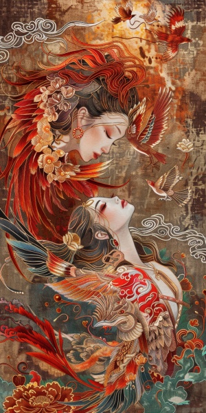 一只美丽的凤凰，凤凰头长着古代美女头与面孔，凤凰的尾巴羽毛与美女汉服裙摆融合飘舞，百鸟朝凤飞翔。