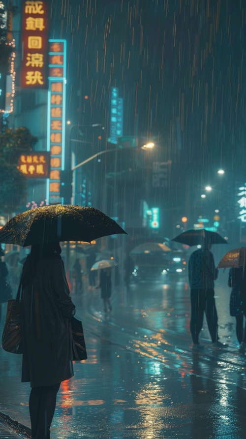 大雨中孤独的人，在中国的街道上，背景范围要广，人物只占画面一角，写实风格
