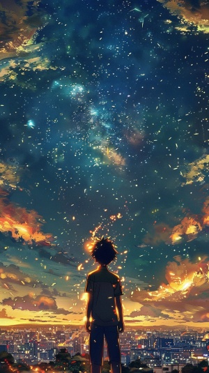 一个身上冒着火焰的青年站在星空的下方眺望着远方的城市