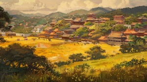 在中国清朝,中世纪欧洲风格的殖民时期村庄背景中有很多人物,前景有黄水表面和长满草的小山,这是以Spyro Rossinos和Mitsuo Fujita风格的丝绸油画。