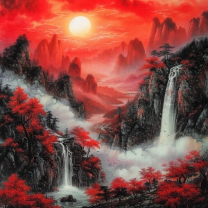 请模仿根据隋唐宋时期风格特点，创作一幅气韵生动的山水画8K。色彩带红