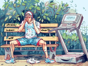 一个人穿着运动装备，满头大汗地坐在公园长椅上，旁边是一只跑步机，上面显示着“压力指数：爆表”。