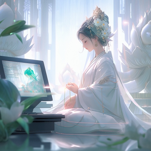 身穿白色佛袍，坐在电脑前前的可爱美女
