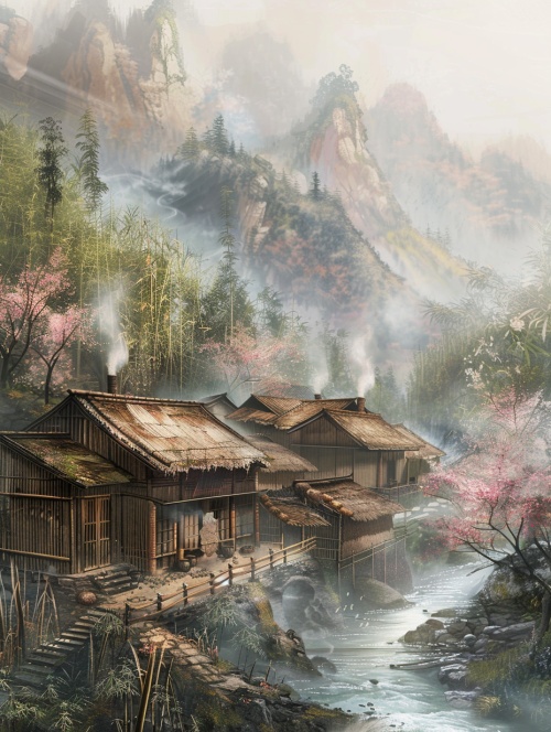 几间竹楼农舍，炊烟袅袅，屋后是一片竹林，屋前有竹篱笆，一条小河从屋前流过，远处桃花片片