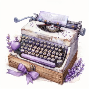 白底 一张薰衣草打字机 一张紫色蝴蝶结 一张心形薰衣草环 一张薰衣草木箱 手绘插画