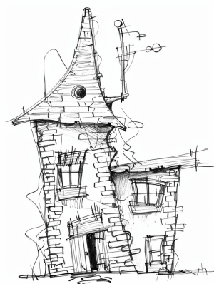 拉尔夫·斯蒂德曼风格，一幢砖瓦房和尖顶的房子，铅笔照片，有趣，幼稚，涂鸦，懒惰的简笔画，单线连续线条，矢量绘图，简单的粗黑线轮廓，白色背景 v 6