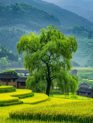 Chinese fields , houses in the distance and green mountains behind them,golden rice fields, A tall old weeping willow tree,cloudy days after rain, bright colors, Shooting at the top of the mountain,super high definition photography photos in the style of various artists. iw 1 .0