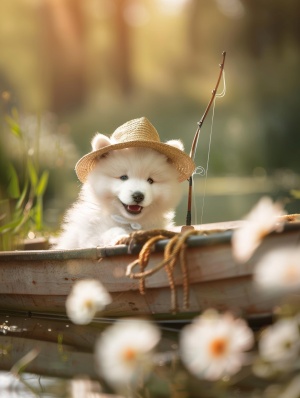 一只可爱的萨摩耶幼崽戴着帽子拿着钓鱼竿在钓鱼，木船，流水，在笑，光打在森林里，清幽，梦幻。倍感轻松，高清摄影，野花