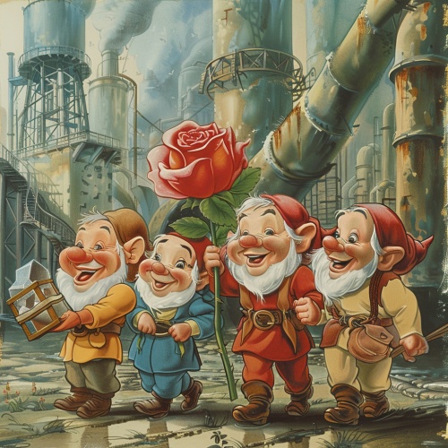 七个小矮人一起抬着一朵巨大的玫瑰，玫瑰被水晶盒包裹，背景为工厂里，后面有个大烟筒在冒烟，小矮人神情欢快。