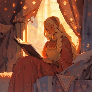 窗外下着小雨，粉发少女躺在床上，读着手里的书