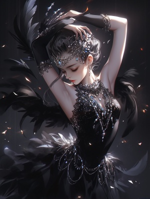 一位美丽的少女，身材高挑，穿着黑天鹅舞裙，衣服上镶满钻石，闪闪发光，裙摆是黑色的羽毛做成，正在做各种舞蹈动作，高贵冷艳，高清，大师作品
