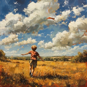 田園間追逐跑，紙鳶飛高，天空白雲飄，無憂的日子，在我心內永遠留。