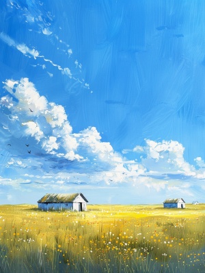 极简，铅笔彩绘，蓝天，白云，阳光，野花，白色小屋，草原，移轴摄影，超高细节，大师级构图