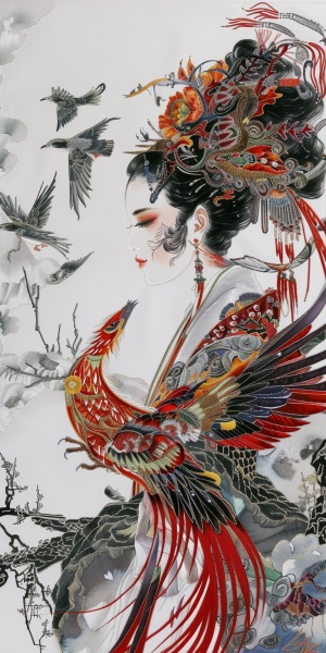 一只美丽的凤凰，凤凰头长着古代美女头与面孔，凤凰的尾巴羽毛与美女汉服裙摆融合飘舞，百鸟朝凤飞翔。