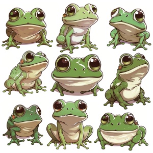 大眼蛙，9种姿势和表情，线条艺术，贴纸艺术，白色背景，9宫图，动漫写实