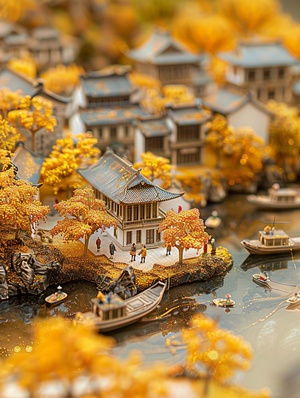 山水中国📷Mj V6: Chinese landscape with ancient Chinese architecture. Many people walking on paths in the village made of gold and silver silk threads, yellow trees all around, small boats floating on riverside roads, miniature scenes made from golden sand grains with exquisite details and a three-dimensional sense. A golden……#中式户外 #创意 #AIGC #midjourney #微缩 #中国风 #Ai绘画 #山水画 #模型