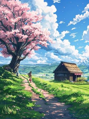 一片片绿色的田野，一条长长的小路，一间小屋，路边一棵樱花树，开满樱花，一位长发女孩站在树下