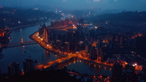 沈从文笔下的边城夜景，重庆洪安故镇夜晚，4K，高清，空中俯视