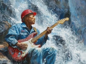 一个中国男人，半身像，带红色安全帽，穿蓝色电工服，弹吉他，湖泊，森林，瀑布，突出人物，杰作，最佳质量，细节精细，细节丰富，中景，超高分辨率，自然光