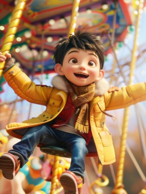 一个可爱的中国小男孩骑在一个旋转木马上 开心的笑 黄色上衣 蓝色牛仔裤 休闲鞋 景色优美 儿童绘本插画 美丽 阳光 可爱 高清 皮克斯3D动画风格