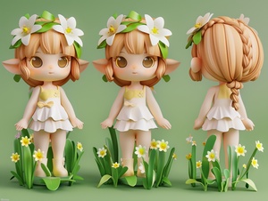 full body,generate three views, namely the front view,the side view and the back view, Super cute little girl with daffodil elements, white daffodils on her head and a dress made of long green leaves,blind box style chibi, Bubble Mart, IP design, simple background, natural light, best quality,3D models,C4D,blender,OC rendering 用niji5哈