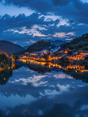 Small town in China, blue sky and white clouds at night, reflection of ancient buildings on the water surface, simple village houses by the lake, simple rural architecture with lights, surrounded by mountains, simple trees, quiet atmosphere, beautiful scenery, tranquil night scene, warm colors, peaceful environment.,,in ar 9:16