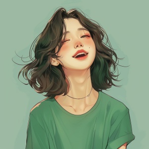 Acute,happy cartoon girl wearing a green shirt,in an adorable and soothingKorean-style illustration that embodies the current popular fashion trend. niji 5ar 2:3