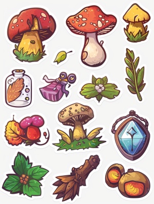 8-bit fairy folk stickers, in the style of simple. colorful illustrations, playful still lifes, enamel, white background, earthy textures, minoltasrt-101, dreamlike illustration