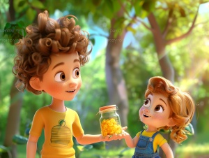 一个卷发小男孩 穿着黄色短袖T恤 牛仔裤 在公园里发现一个美丽的小罐子 非常开心 ，拿给美丽的小女孩看，笑容，景色优美 儿童绘本插画 美丽 阳光 可爱 高清 皮克斯3D动画风格，