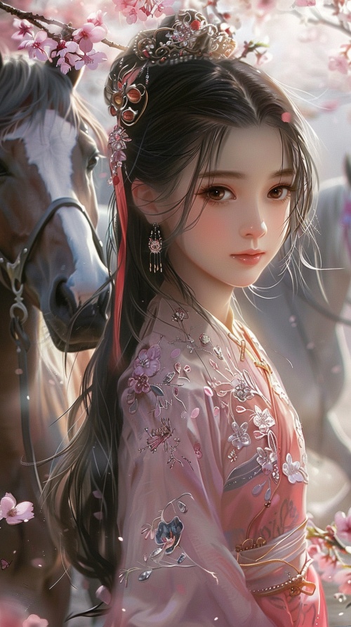 一个美丽的中国女孩，大眼睛，长头发，黑色的头发，微笑，快乐，在马和樱花面前站着一个女孩，穿着华丽的衣服，水晶，梦幻场景，超现实主义，大师作品，我不敢相信这是多么美丽)niji 6ar 3:4s 600