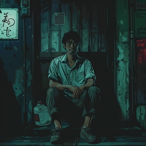 an anime showing a japanese man age 35 sitting in a dark room, medium shot，staring at the camera，in the style of northern china's terrain, ink line，emotionally charged portraits, stylized violence, dark white and teal, eerily realistic, street scene, colorized，subtle inkapplication，Illustration, dark green and dark blue, black outline, dark atmosphere and scary atmosphere