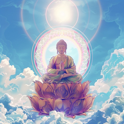 一幅数字艺术作品,描绘的是坐在天界莲花宝座上的佛陀,周围环绕着光环,双手放在胸前。背景是蓝天白云,太阳在他身后照耀。画面具有宁静的氛围和柔和的灯光色彩,风格类似古典佛教绘画。