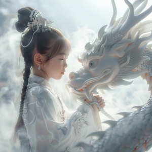 一个漂亮的中国女孩8岁，一只白色中国龙，白雾围绕她们 ，宏大的场景，自然光线，超高清