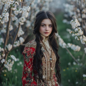 美丽的俄罗斯姑娘穿着一袭华丽的传统服饰，她拥有一头乌黑的长发，皮肤白皙如雪。她眼神忧郁，嘴唇微微含笑，散发着一种神秘的魅力。她优雅地漫步在一条清幽的小路上，小路两旁是翠绿的草地和细腻的鲜花。她笔挺的身姿将她与背后的高矮不同的山楂树林形成了鲜明的对比，山楂树如同一个红色的海洋，绚烂而美丽。