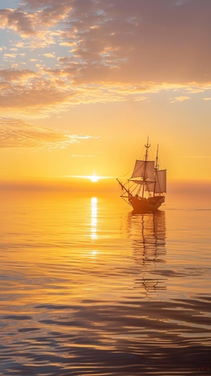 In the early moments of the hazy sunrise, capture the serene and ethereal seascape with a galleon at sea, the golden rays of the sun gradually breaking through the veil of mistLooming over the horizon. The calm, azure waters are reflectedSubtle, warm dawn tones create oneMesmerizing, dreamy atmosphere. The composition emphasizes the vastness of the sea and sky, with the gentle rise of the sun as the focal point,Symbolizes the promise of a new day. andCanon EOS 5D Mark IV and Canon EF 24-70mm f2.8LII USM len
