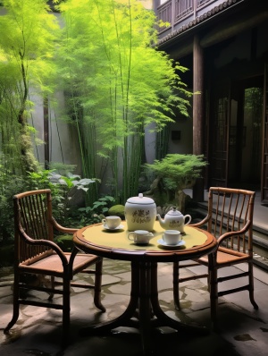 江南古风庭院一角，小竹林，庭院一角摆放着一张方形古风木桌，桌上放着一盏宫灯，一个茶壶，院子里春意盎然。光线明亮