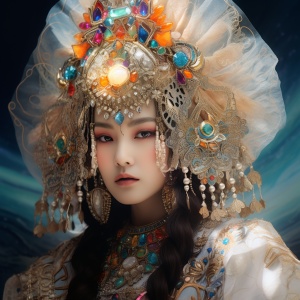 美丽的蒙古公主，华丽的头饰，极端彩虹反射曝光，水，中国女神，高亮度，微光珍珠色，彩虹，精致的面孔，真正的皮肤，金白色银空灵的美丽，复杂的细节，彩色彩虹，超现实主义，超高清画质，32K