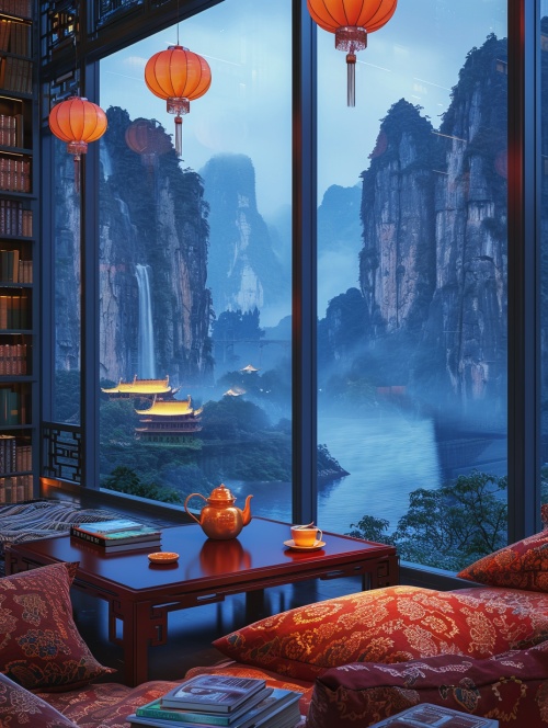 三峡岸边，屋子里的一角，巨大的落地玻璃，暗红色的桌子上有一杯茶，年代感的沙发，书橱，茶杯是桔黄色的，一个高吊的吊灯发出橘色的光。窗外微蓝的黄昏，远处悬崖峭壁。一种书香气息，朦胧感。