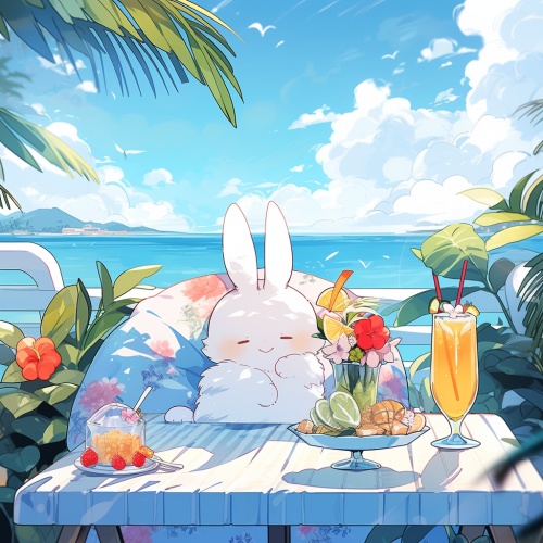 可爱的兔子，白毛，带墨镜，高冷，酷，慵懒呆萌，趴在漂亮的桌子上，室外，碧蓝的大海背景，夏天，遮阳伞，蔚蓝的天空，一杯精致的咖啡，水果，鲜花，