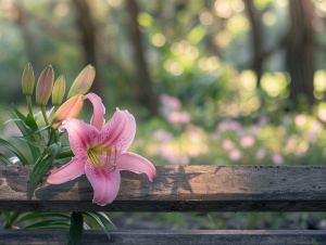 一只粉色含苞待放的百合和一些满天星放在公园的木质长椅上,春天,白天，自然光,前视图