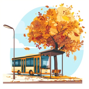 初秋的公交站，公交站牌旁边有一棵树，公交站前有一辆公交车。卡通插画，不要背景