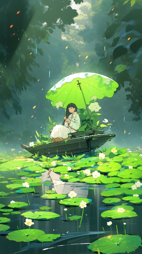 人物中间 一个小女孩撑着伞坐着船 荷花下雨 荷叶 绿色 留白多一点