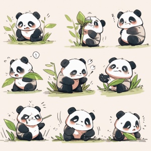 Cute Chinese panda holding a bamboo,A Chinese panda holding a bamboo,multiple poss andexpressionsas,exaggerated,angry,happy, scared,Surprised,etc.,as anillustration set,in the style of boldmangalines,dynamic pose,dark white background,emoticon pack,nine palace grid layout,Old Meme Kernel,Chalk ar3:4s 400 niji 5