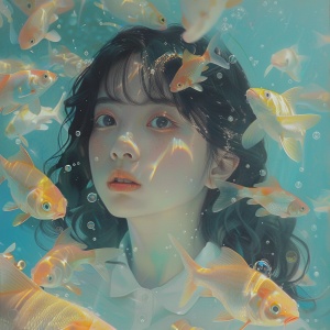dreamy, summer heat by summer breeze, The background of the fishtank, the girl in the fishtank::1.05,fishtank on floor, and interior decoration, light green and light blue, in the style of anime art, romantic light, by James Jean:: 1.05s 200 ar 3:4 niji 5