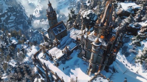 暴雪大型网络游戏《魔兽世界》中的矮人主城铁炉堡 矗立在雪山之巅 高大宏伟的建筑 壮观 航拍 矮人宫殿 全身照 广角 远景 写实场景 8k 细节清晰 真实的 高清 写实主义 细节 8K超