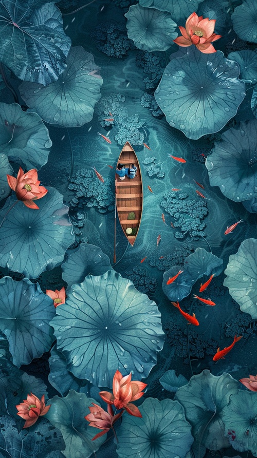 Overhead view of a boat in a lotus pond, drizzling rain Many large lotus leaves and blooming flowers on both sides People rowing a small wooden boat travelling in a lotus pond Red fish swimming around Beautiful illustration in Chinese painting style Using fantasy art style, peacock blue, haze blue Brushstrokes, aerial perspective, ultra realistic. Brushstrokes in ink painting style, high resolution. ar 9:16 v 6.0