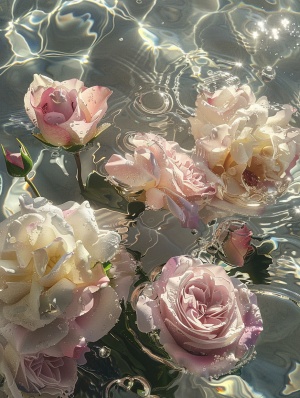 pink and white roses in water, in the style of anime aesthetic, blink-and-you-miss-it detail, peter lippmann, y2k aesthetic, light sunshine , hyper-realistic water, soggy ar 3:4 v 6.0 style raw s 400