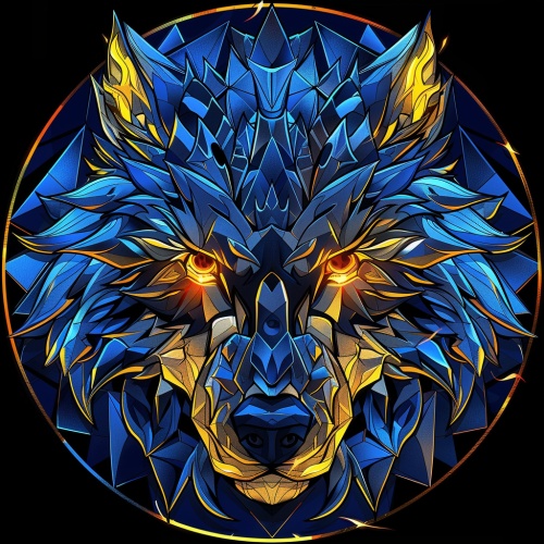 一个徽章图案，整体圆形，图案简单，狼头图案，狼头颜色金蓝色，眼睛有火焰，带装甲，光束条纹，有锋利狼爪，有金色闪电，带着蓝色几何纹理