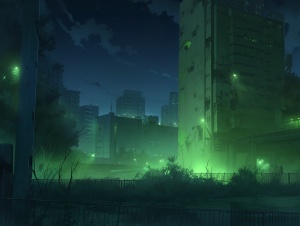 一个废弃的城市夜景，绿色氛围，风景图